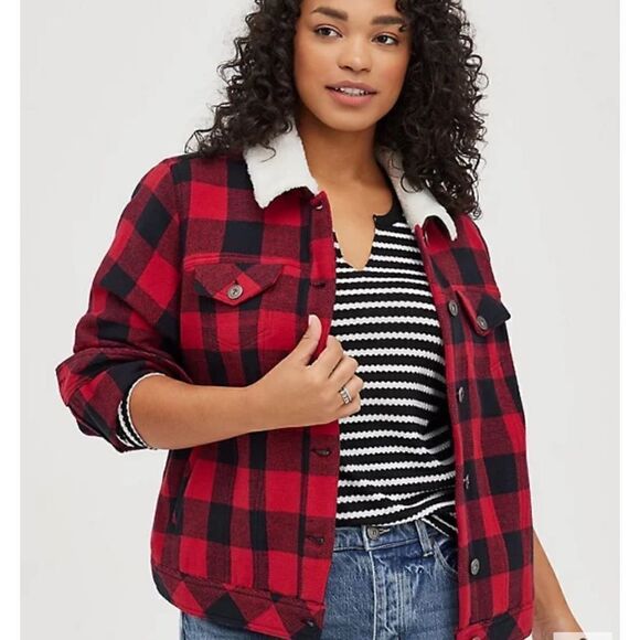 TORRID TRUCKER COAT - BUFFALO PLAID RED TORRID SIZE 3 - Picture 1 of 9